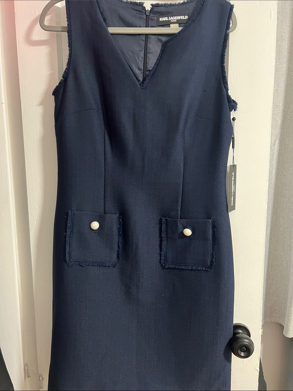 Karl Lagerfeld Navy Sleeveless Sheath Dress with Pearl Pocket Buttons
